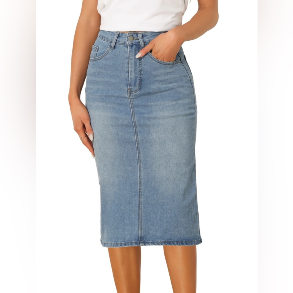 Allegra K Casual Denim High Waist Stretchy Midi Pencil Jean Skirt, Light Blue
